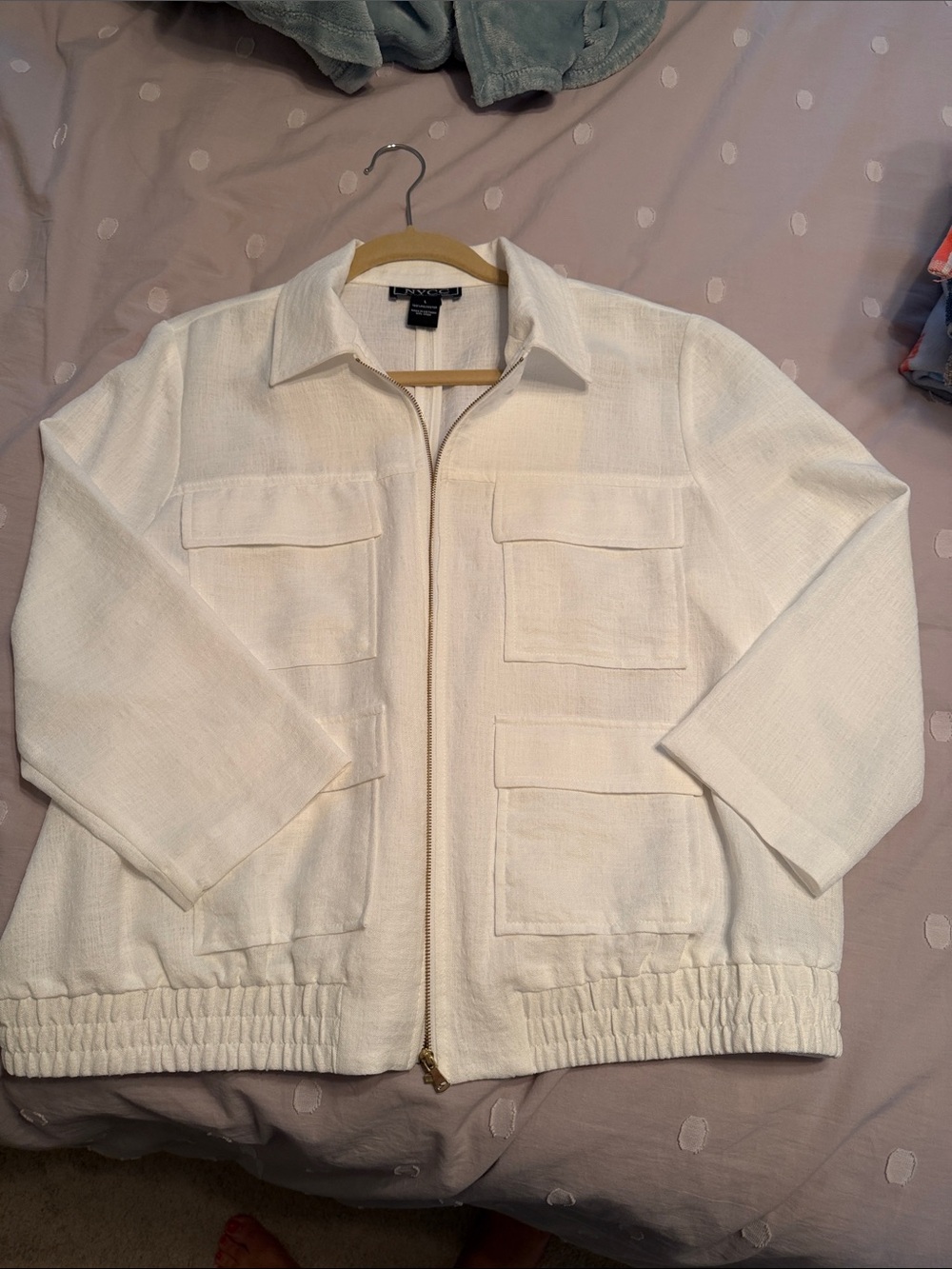 NYC New York Clothing Co. White Textured Zip Jacket with gold hardware